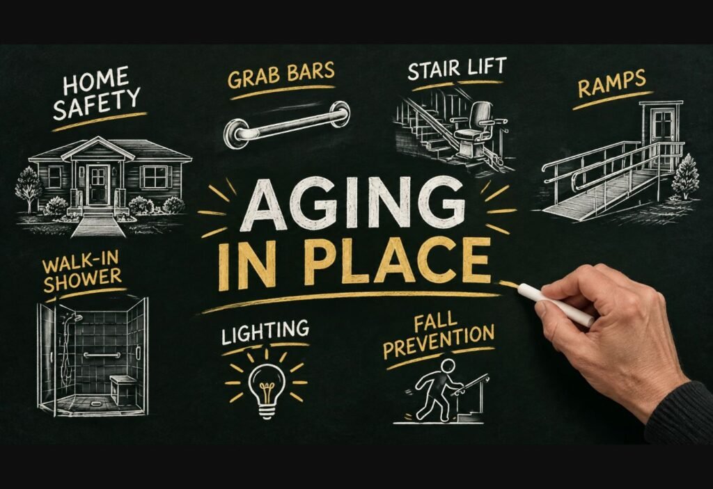 Aging in place home safety improvements: grab bars, stair lift, ramp, walk-in shower, lighting and fall prevention