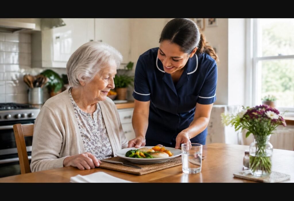 Older woman receiving help from a home care worker in a kitchen